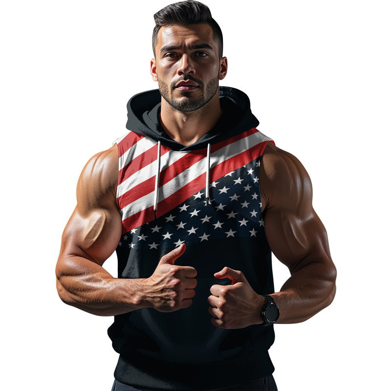 Rashninja Patriotic American Flag Men's Sleeveless Gym Hoodie