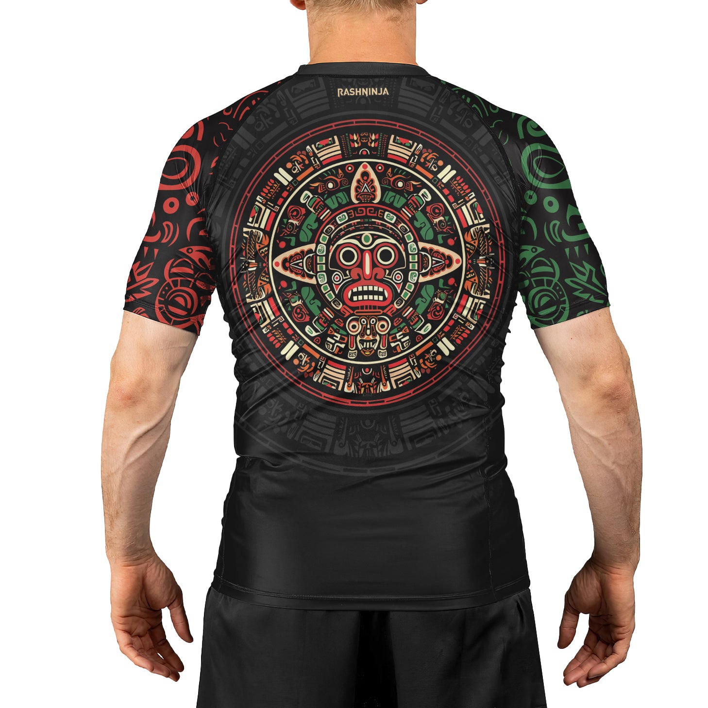 Rashninja Aztec Red & Green Sun Stone Men's Short Sleeve Rash Guard