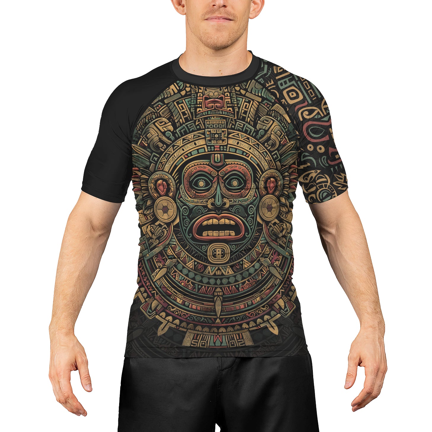 Rashninja Aztec Sun God Mask Men's Short Sleeve Rash Guard