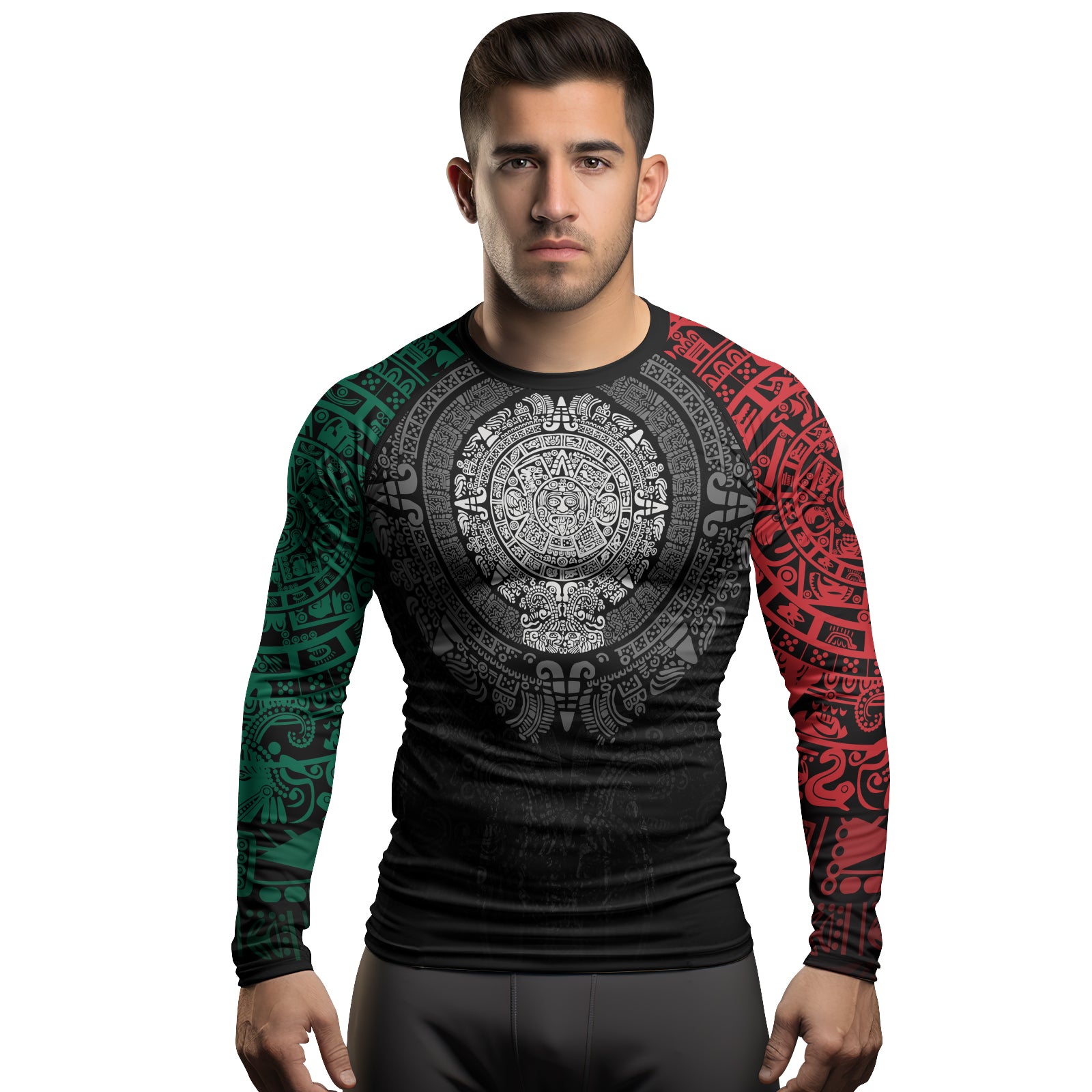 Rashninja Green And Red Aztec Calendar Men's Long Sleeve Rash Guard