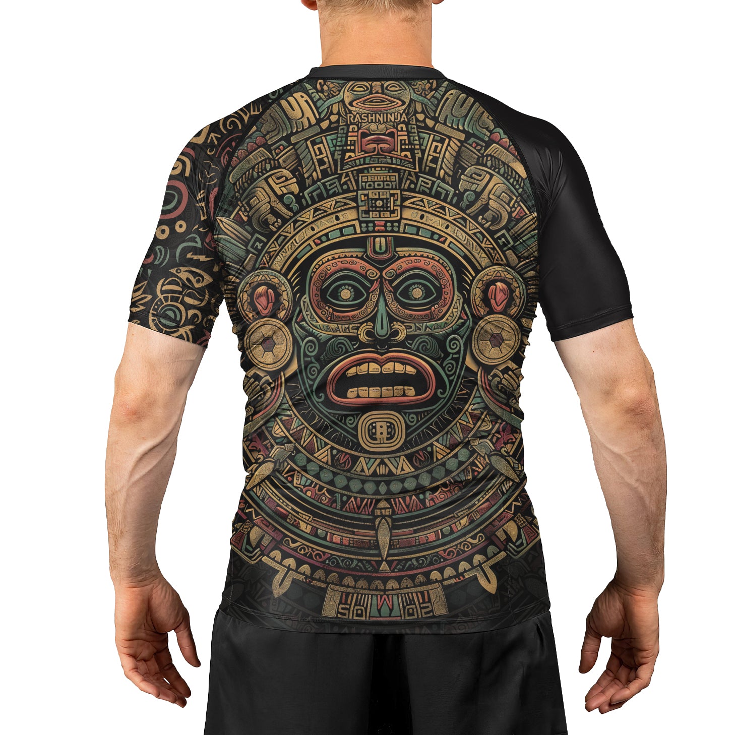 Rashninja Aztec Sun God Mask Men's Short Sleeve Rash Guard