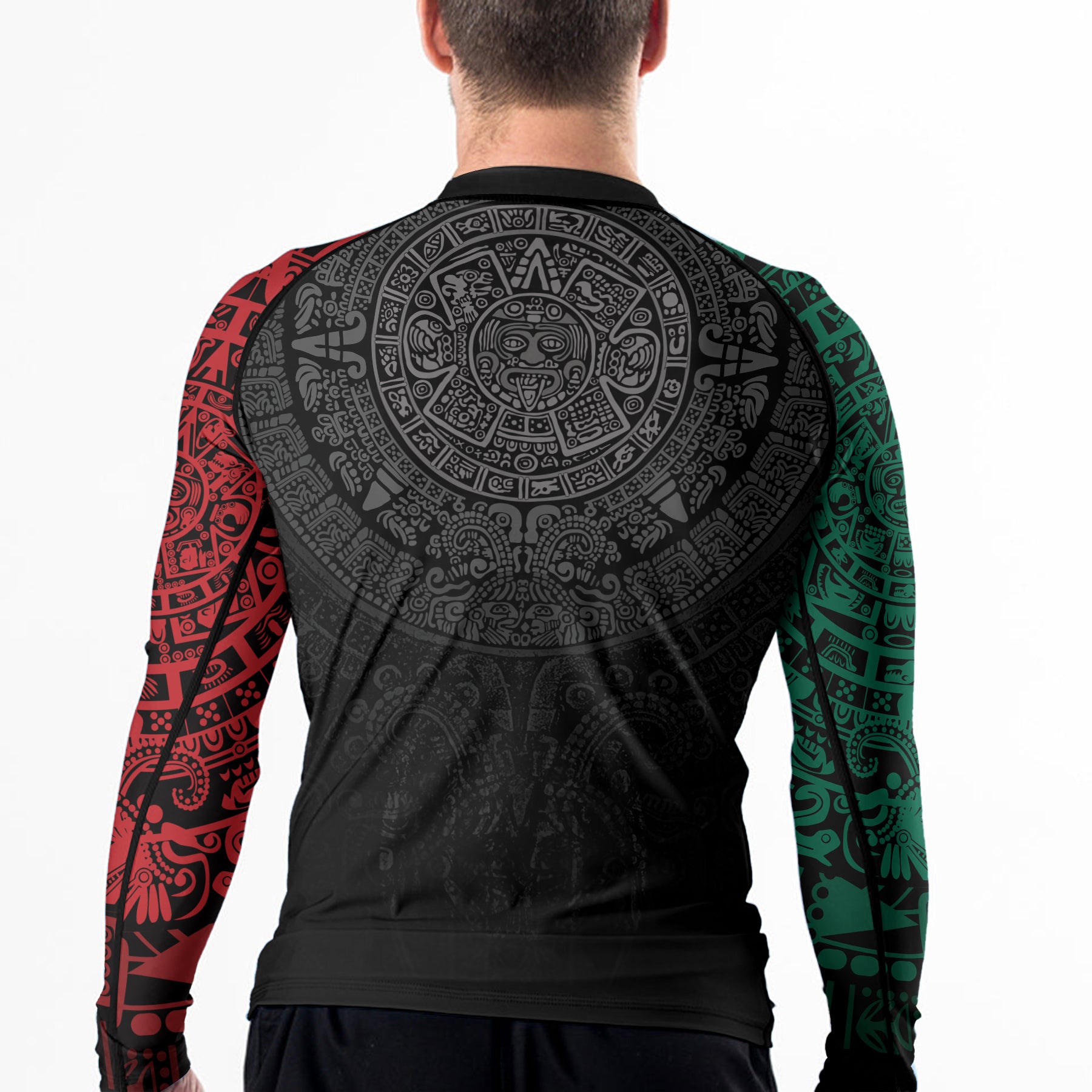 Rashninja Green And Red Aztec Calendar Men's Long Sleeve Rash Guard