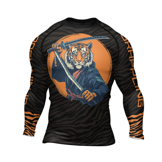 Rashninja Tiger Samurai Black Orange Men's Long Sleeve Rash Guard