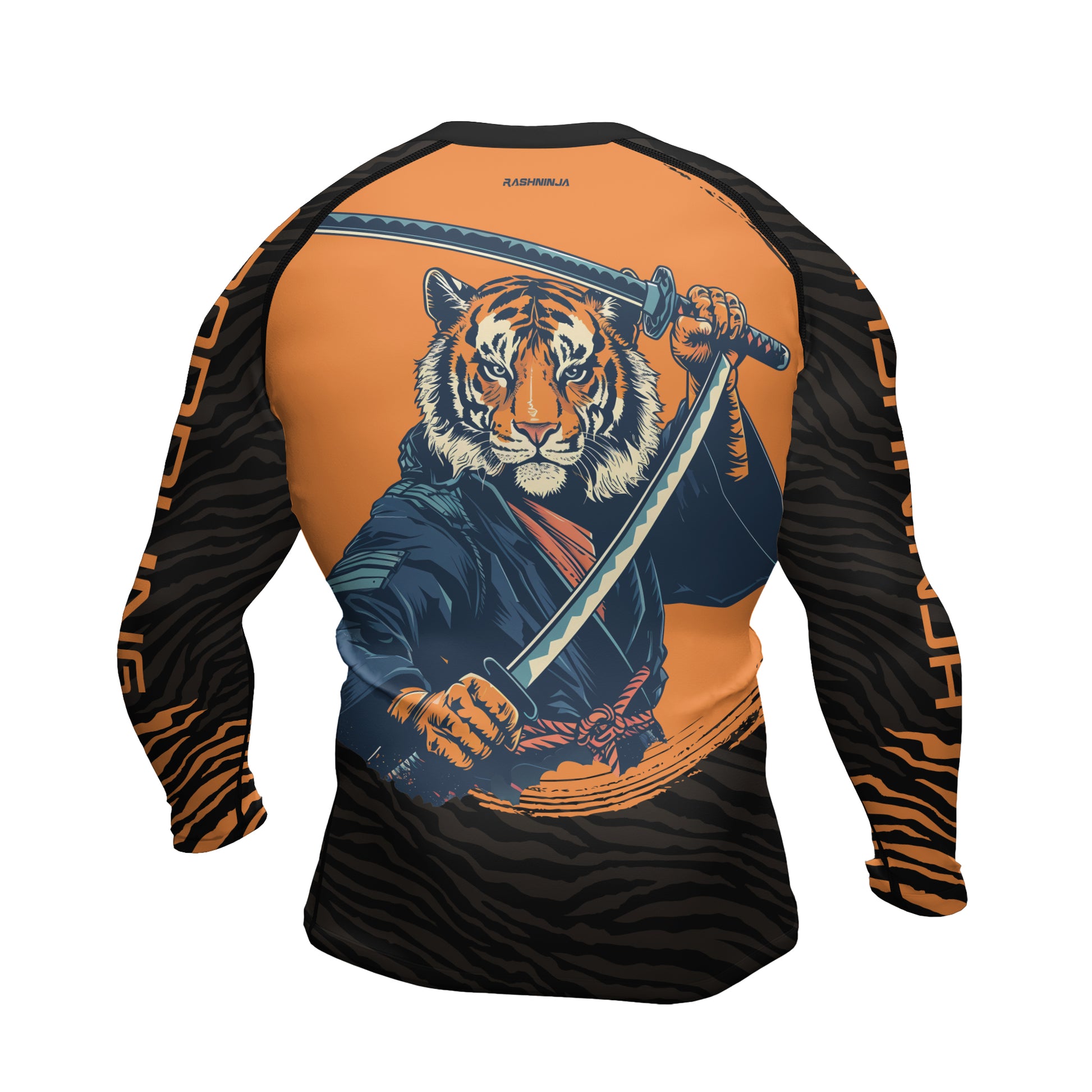 Rashninja Tiger Samurai Black Orange Men's Long Sleeve Rash Guard