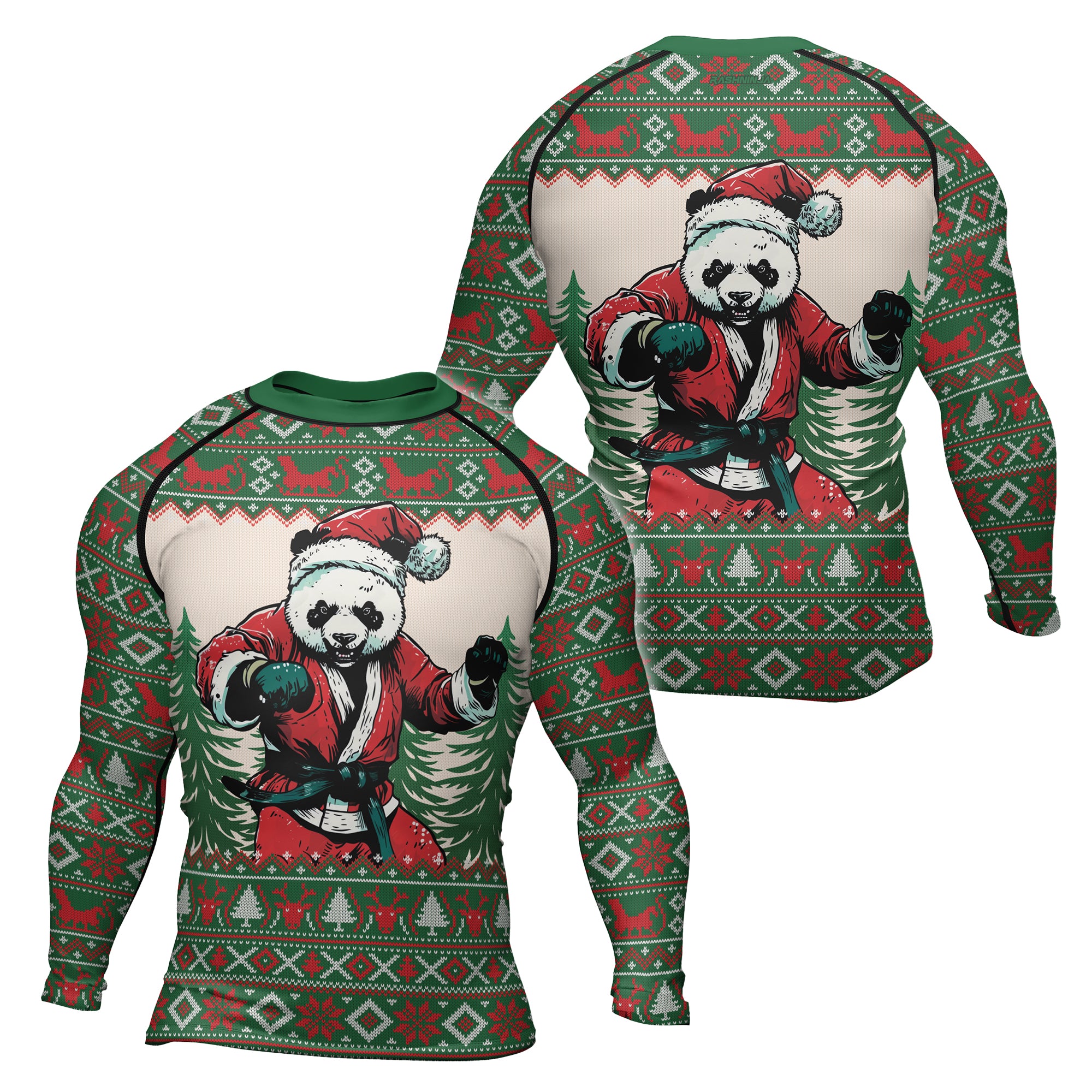 Rashninja Green Christmas Panda Kung Fu Men's Long Sleeve Rash Guard