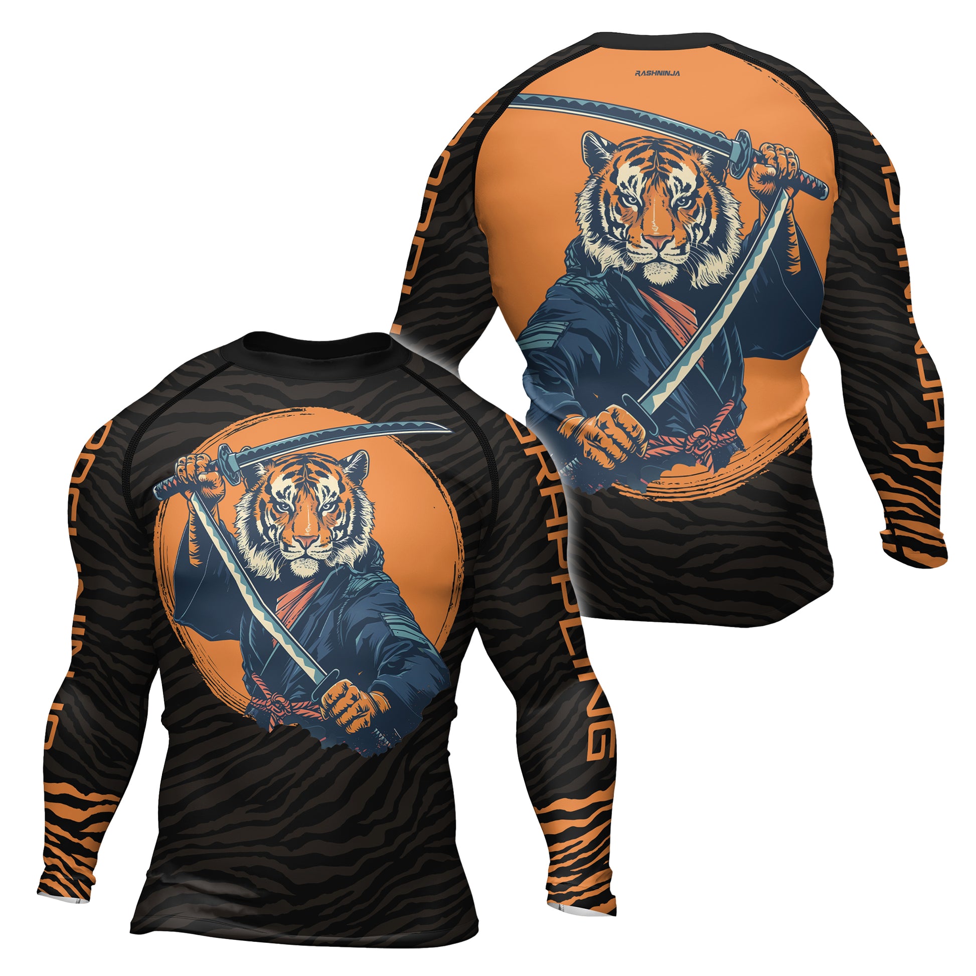 Rashninja Tiger Samurai Black Orange Men's Long Sleeve Rash Guard