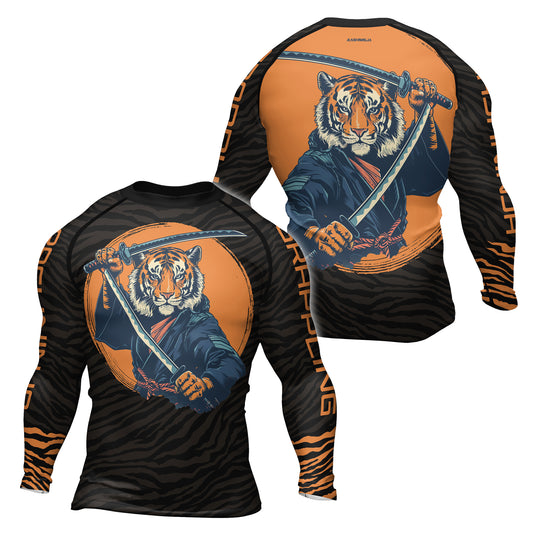 Rashninja Tiger Samurai Black Orange Men's Long Sleeve Rash Guard
