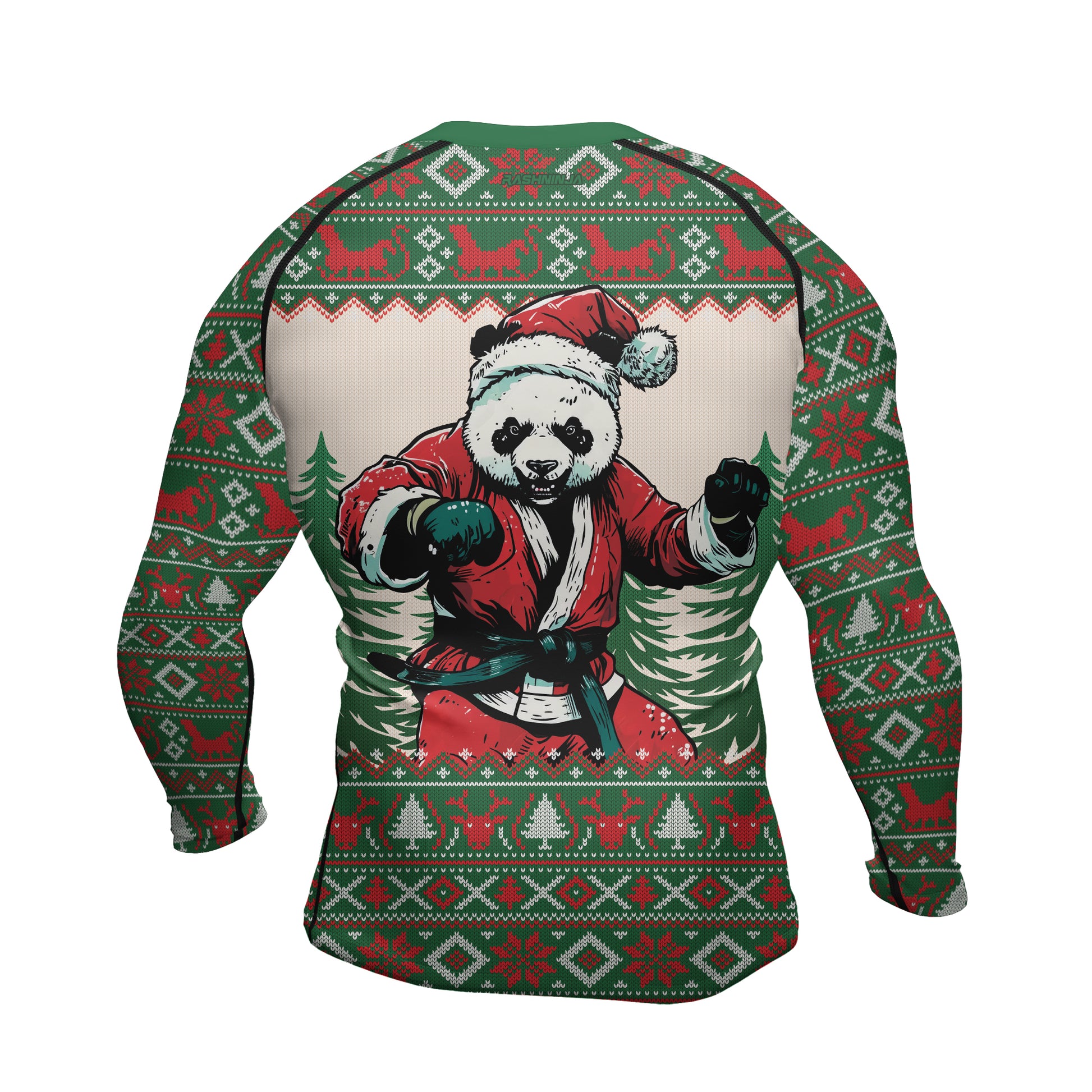 Rashninja Green Christmas Panda Kung Fu Men's Long Sleeve Rash Guard