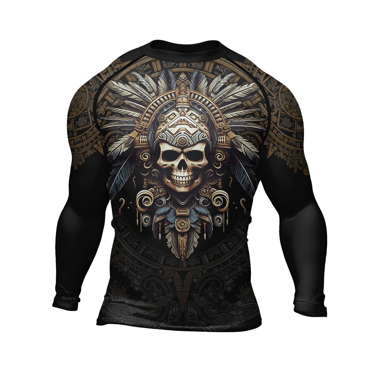 Rashninja Aztec Tribe Headman Skull Men's Long Sleeve Rash Guard - Rashninja LLC