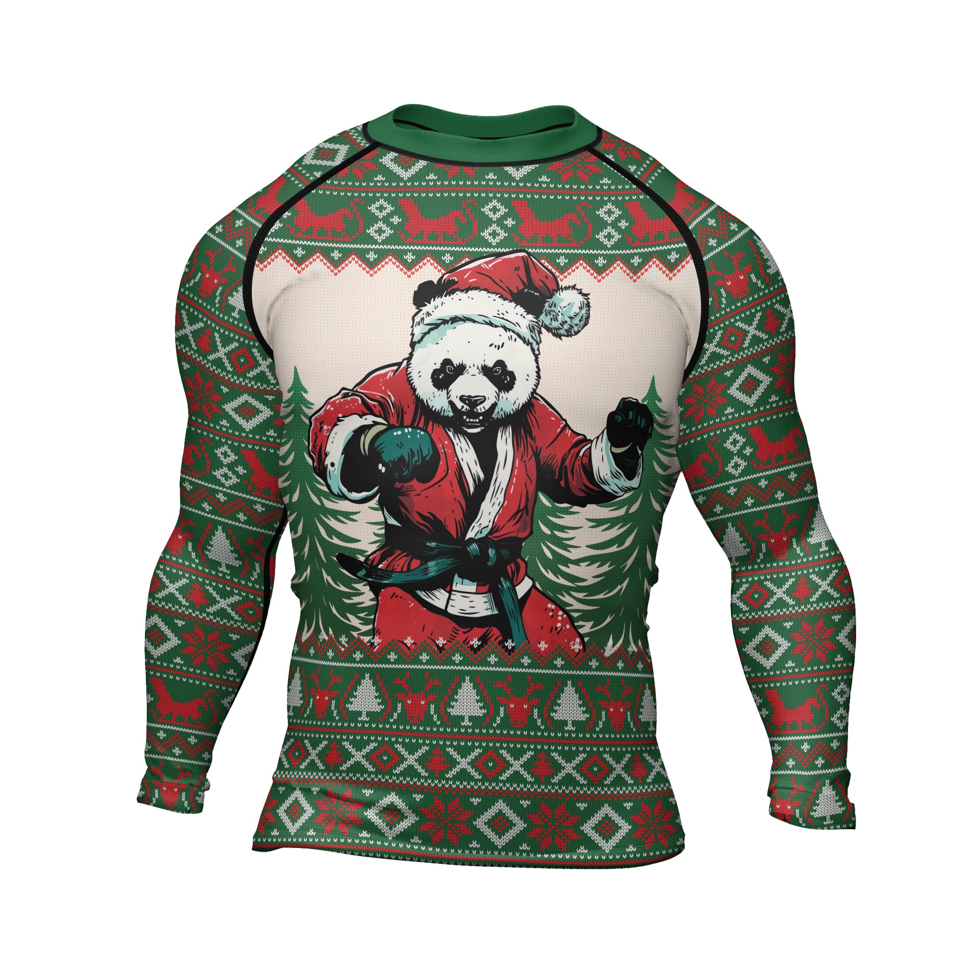 Rashninja Green Christmas Panda Kung Fu Men's Long Sleeve Rash Guard