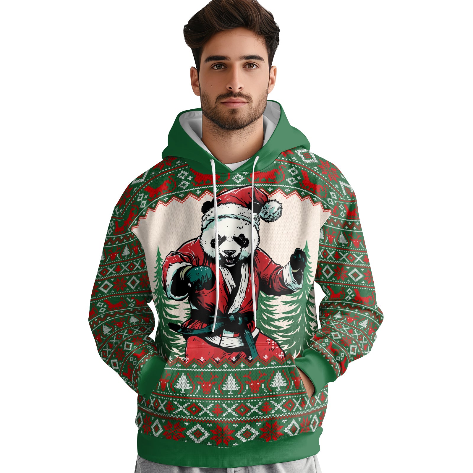 Rashninja Green Christmas Panda Kung Fu AOP Hoodie