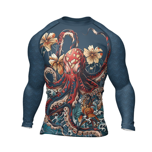 Rashninja Octopus Floral Blue Men's Long Sleeve Rash Guard