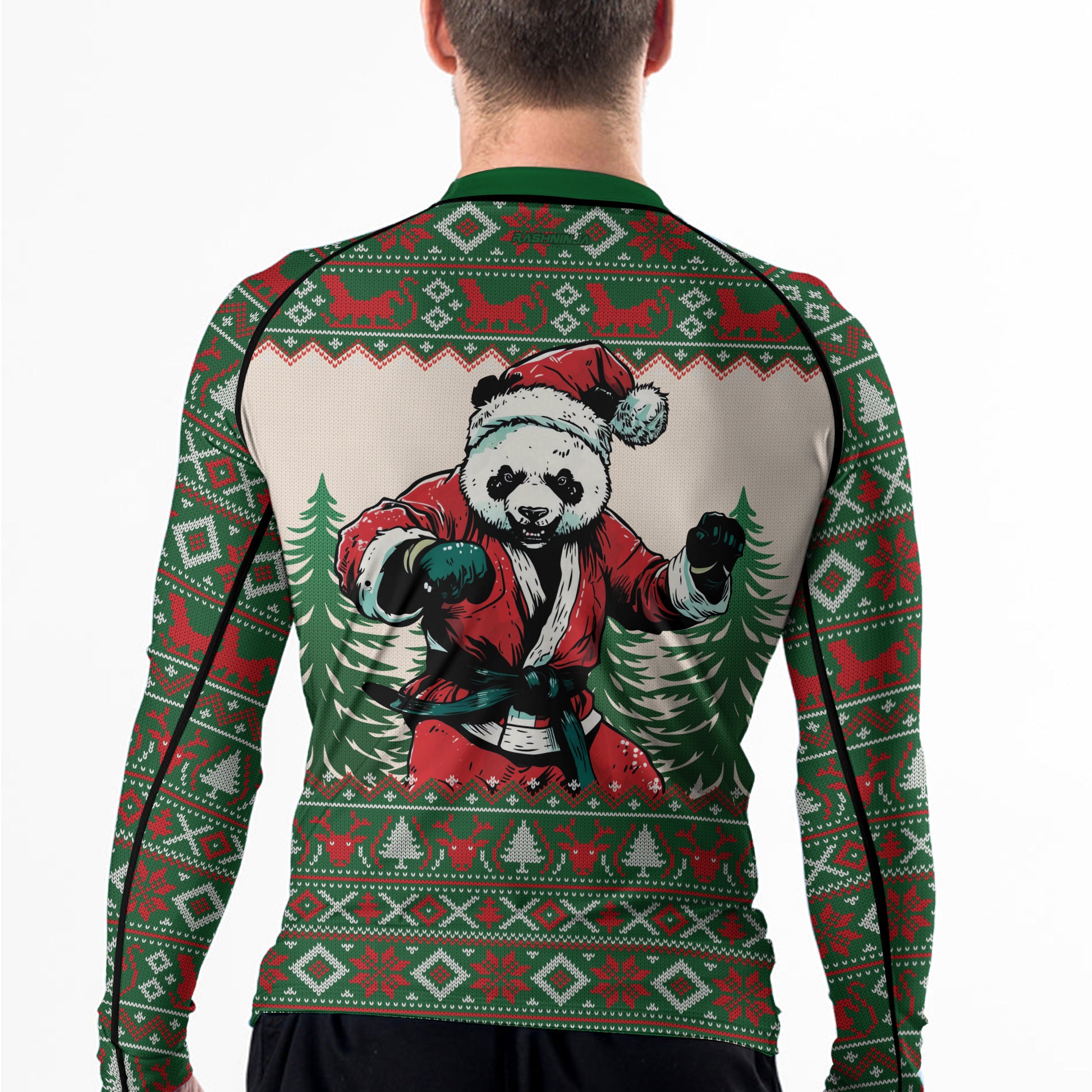 Rashninja Green Christmas Panda Kung Fu Men's Long Sleeve Rash Guard