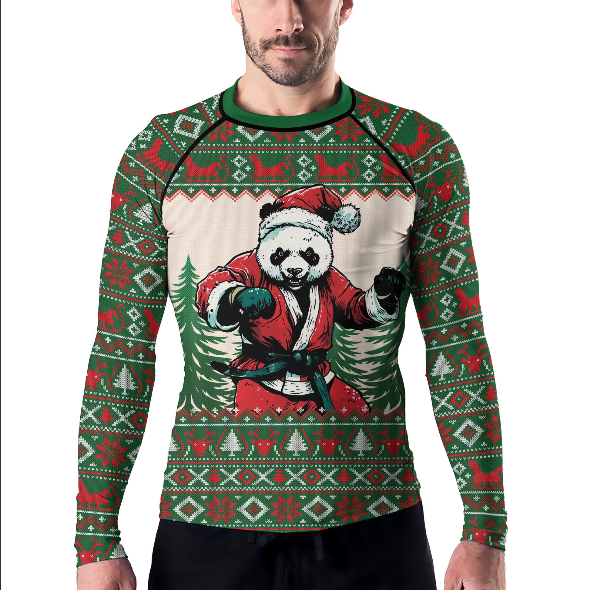 Rashninja Green Christmas Panda Kung Fu Men's Long Sleeve Rash Guard