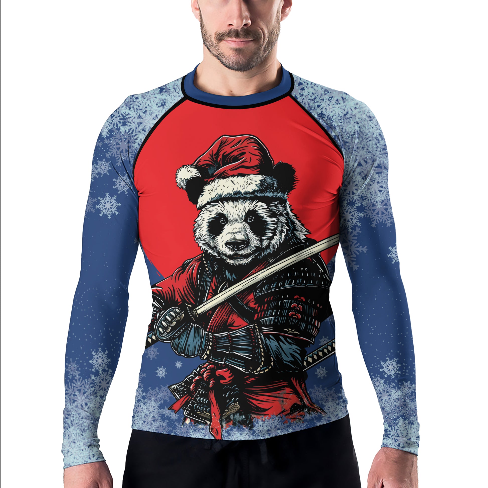 Rashninja Blue Samurai Christmas Panda Men's Long Sleeve Rash Guard