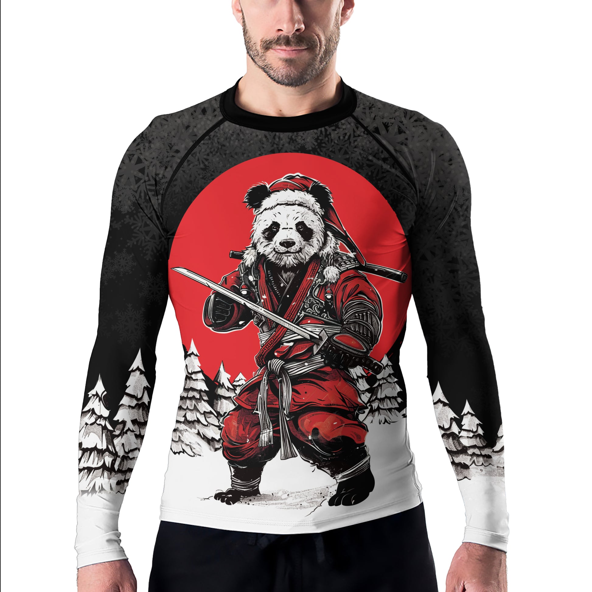 Rashninja Black Samurai Christmas Panda Men's Long Sleeve Rash Guard