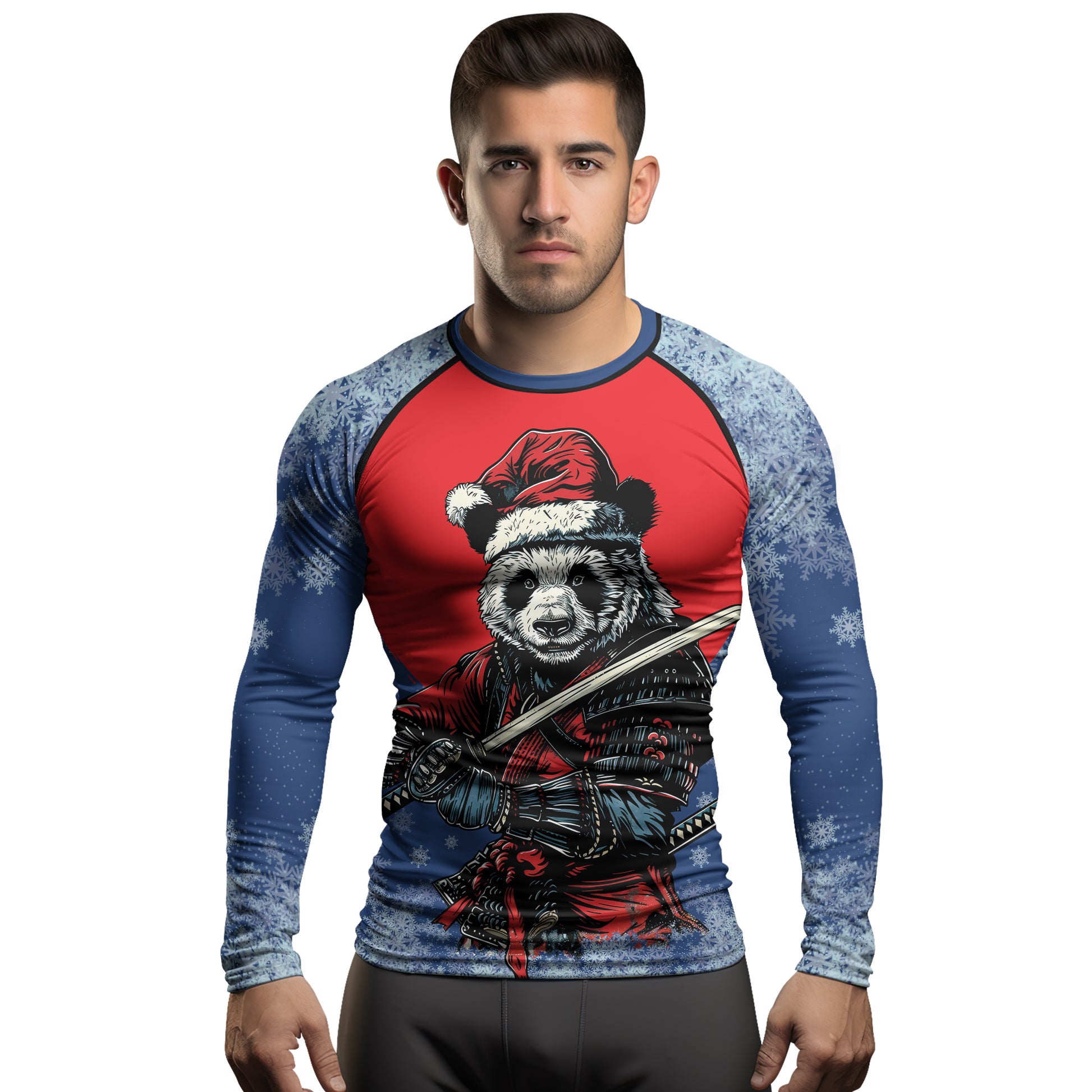 Rashninja Blue Samurai Christmas Panda Men's Long Sleeve Rash Guard