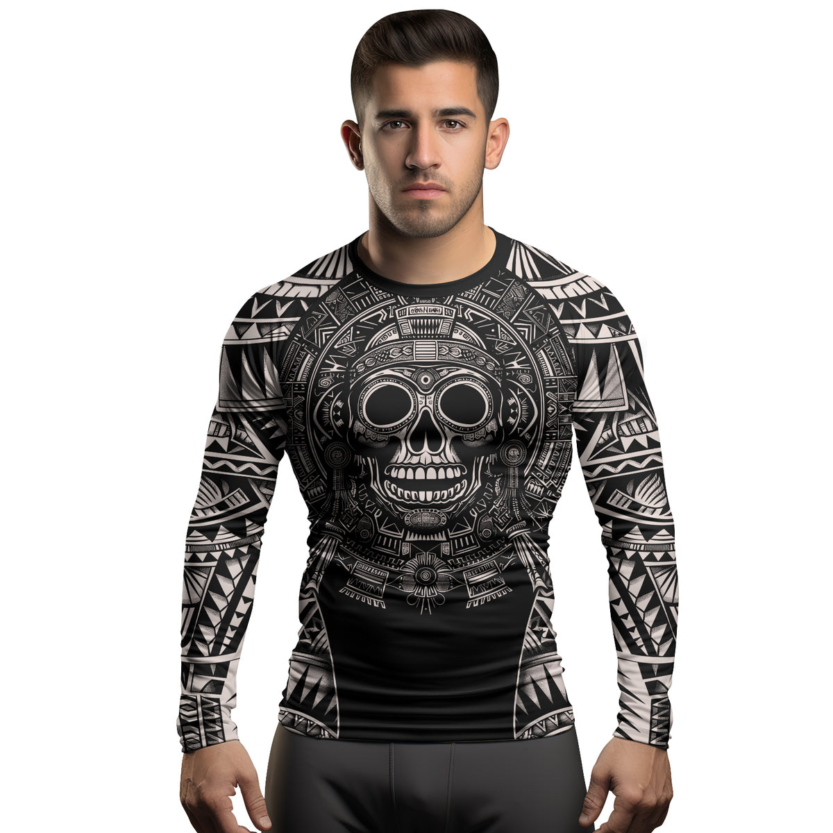 Rashninja Aztec Tribe Warrior Cranium Men's Long Sleeve Rash Guard