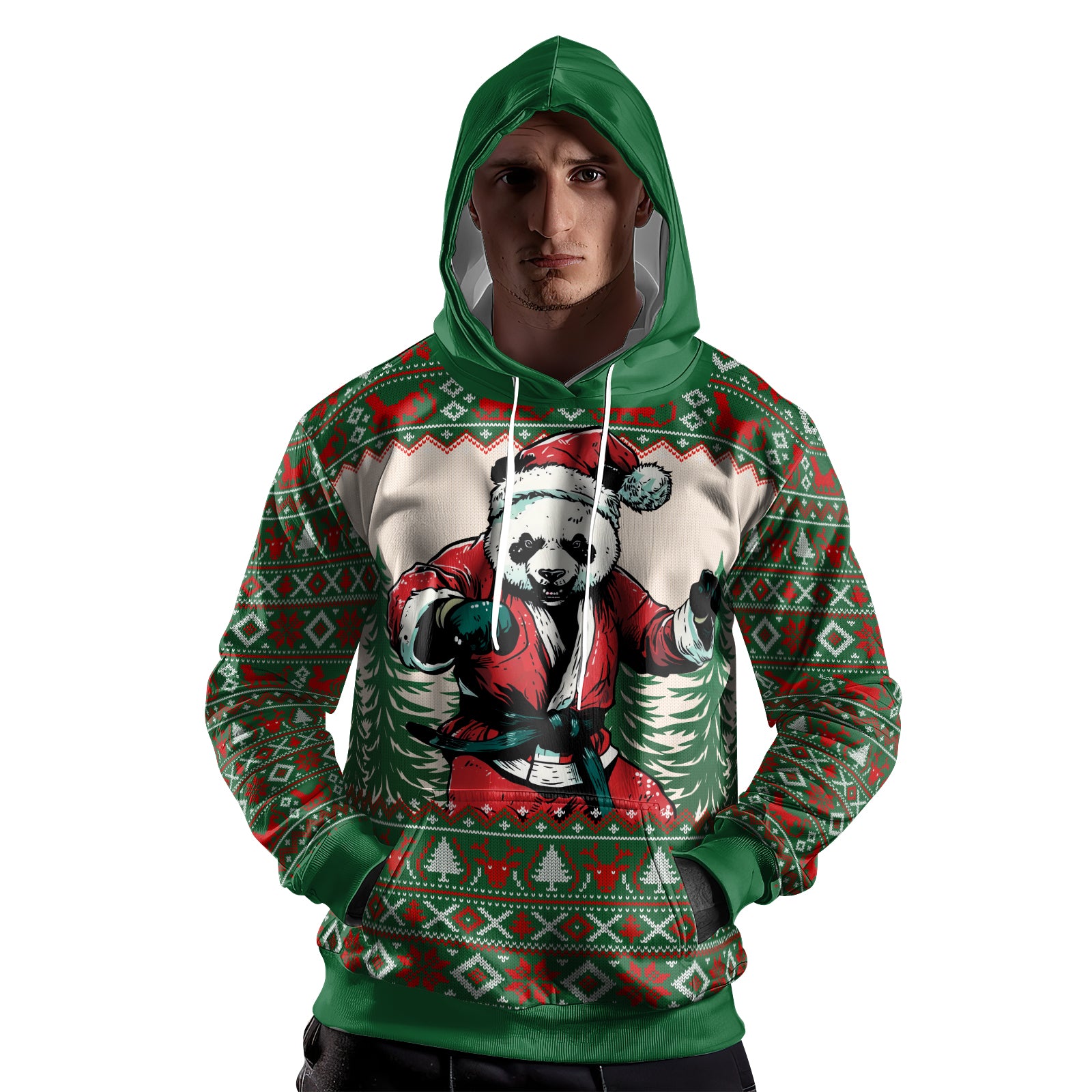 Rashninja Green Christmas Panda Kung Fu AOP Hoodie