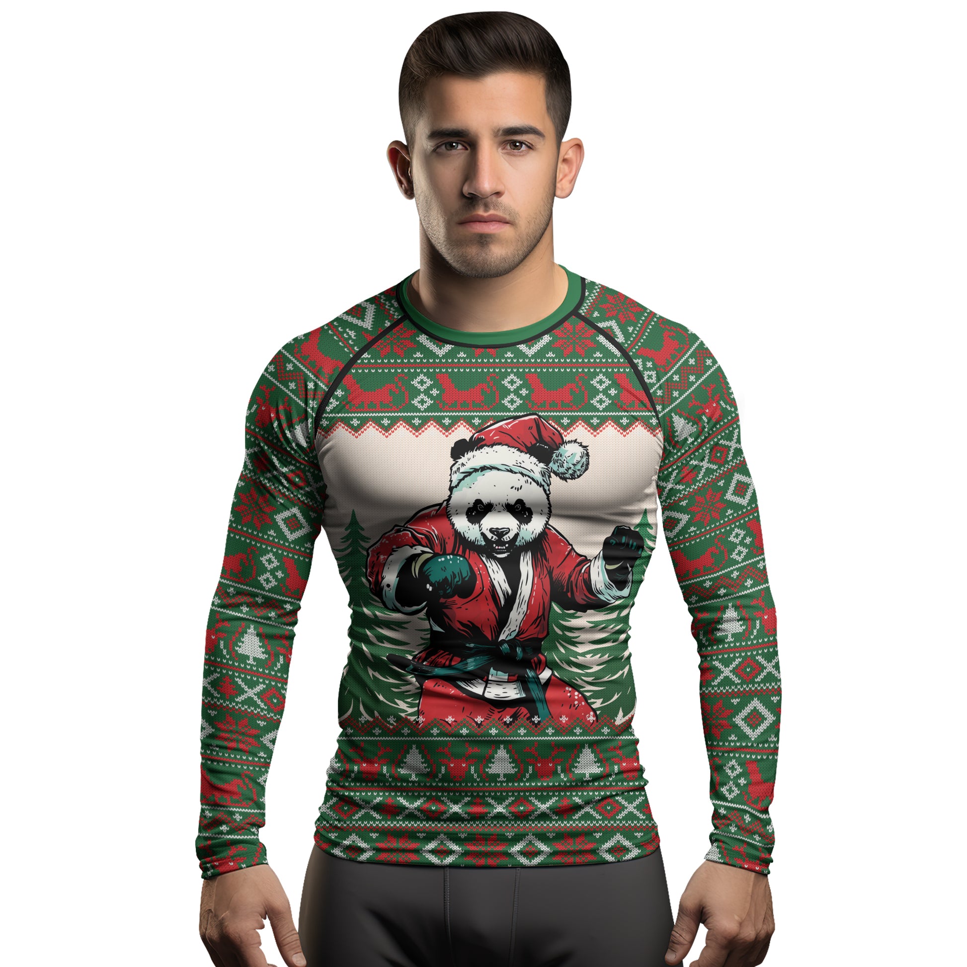 Rashninja Green Christmas Panda Kung Fu Men's Long Sleeve Rash Guard