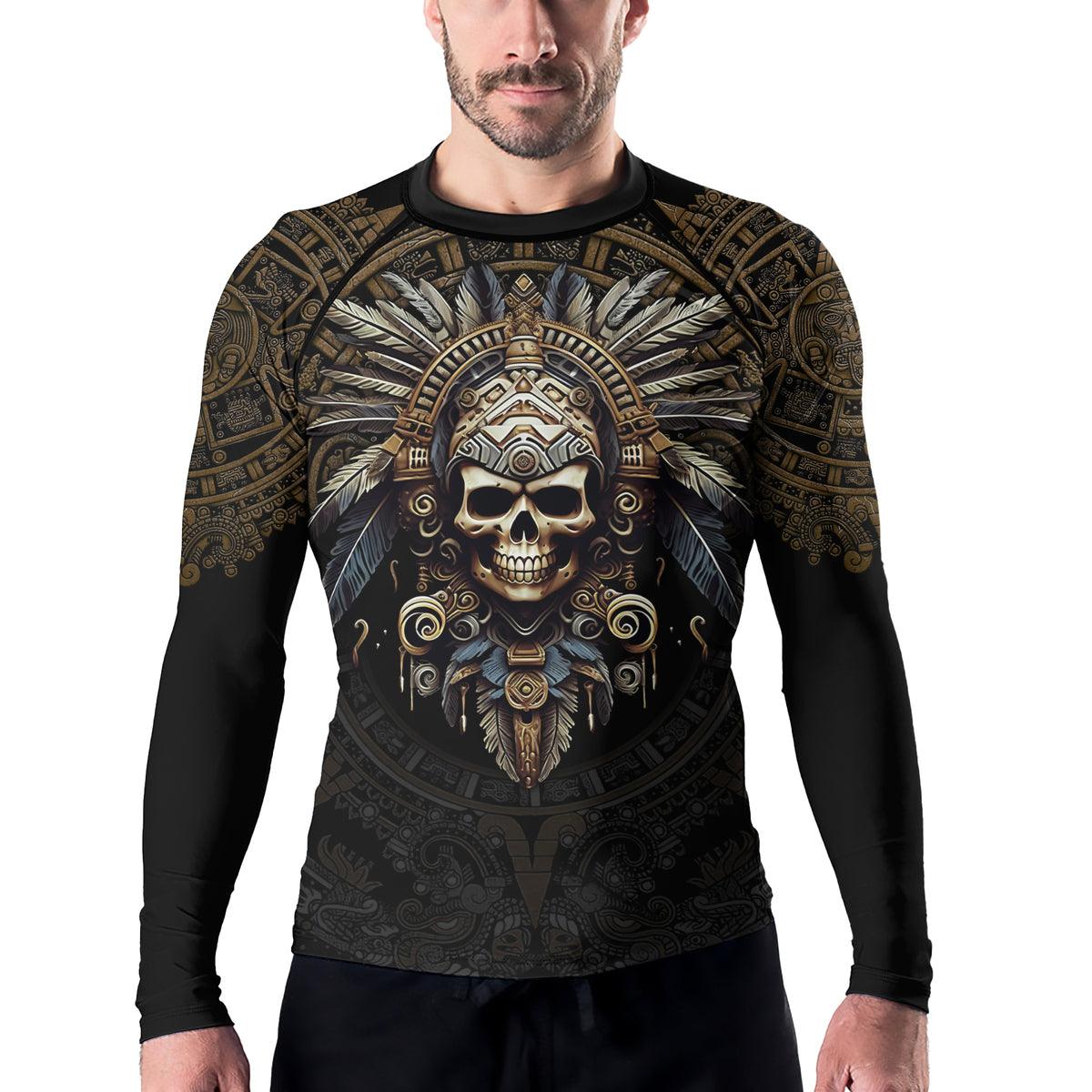 Rashninja Aztec Tribe Headman Skull Men's Long Sleeve Rash Guard - Rashninja LLC