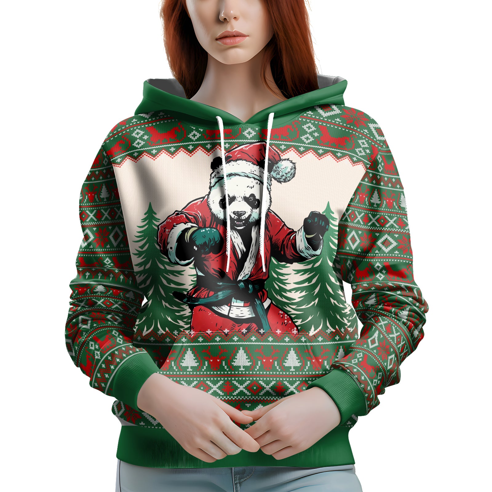 Rashninja Green Christmas Panda Kung Fu AOP Hoodie