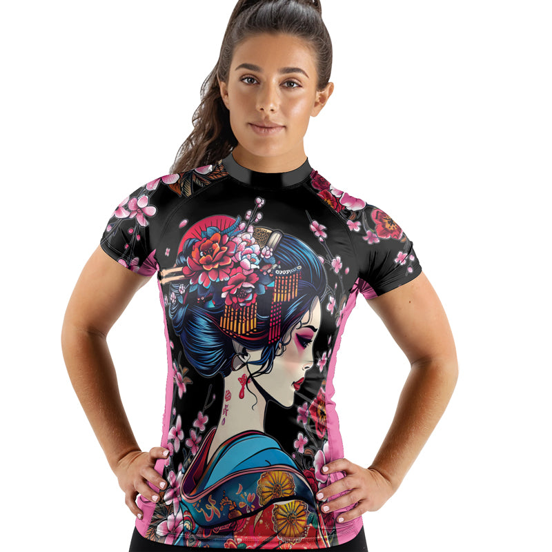 Rashninja Black and Pink Geisha Women's Short Sleeve Rash Guard