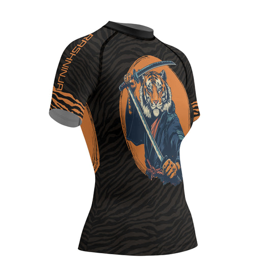Rashninja Tiger Samurai Black Orange Women's Short Sleeve Rash Guard

