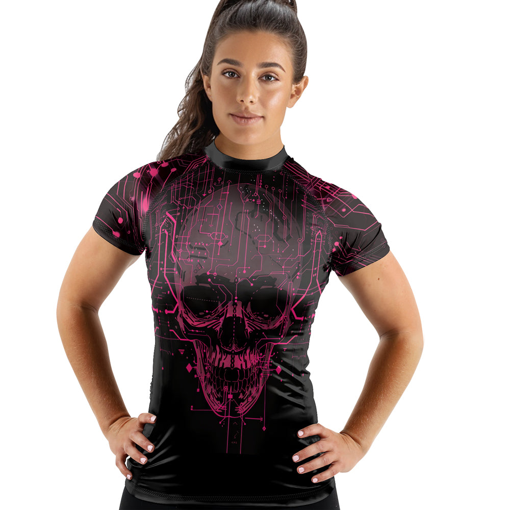 Rashninja Cyber Skull Circuit Red Women's Short Sleeve Rash Guard

