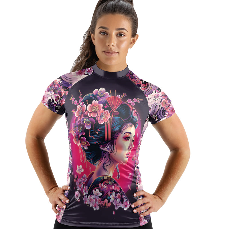 Rashninja Geisha with Sakura Waves Women's Short Sleeve Rash Guard