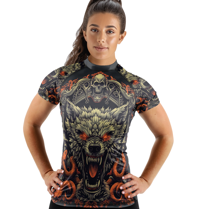 Rashninja Fanged Wolf with Skull Women's Short Sleeve Rash Guard