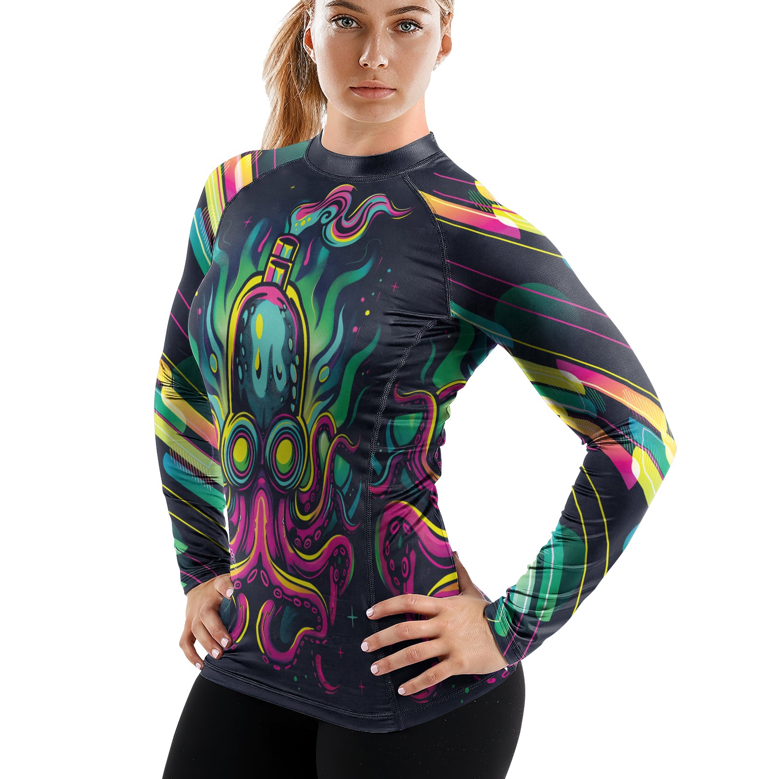 Rashninja Octopus Green Purple Women's Long Sleeve Rash Guard