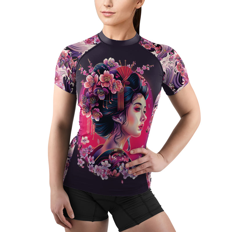 Rashninja Geisha with Sakura Waves Women's Short Sleeve Rash Guard