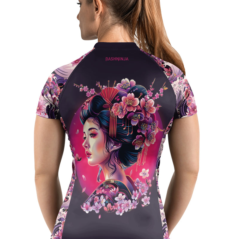 Rashninja Geisha with Sakura Waves Women's Short Sleeve Rash Guard