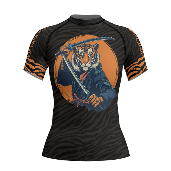 Rashninja Tiger Samurai Black Orange Women's Short Sleeve Rash Guard