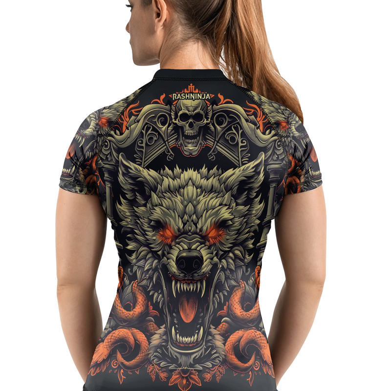 Rashninja Fanged Wolf with Skull Women's Short Sleeve Rash Guard