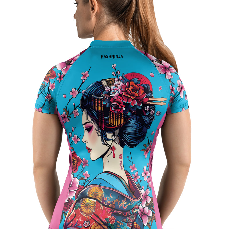 Rashninja Blue and Pink Geisha Women's Short Sleeve Rash Guard