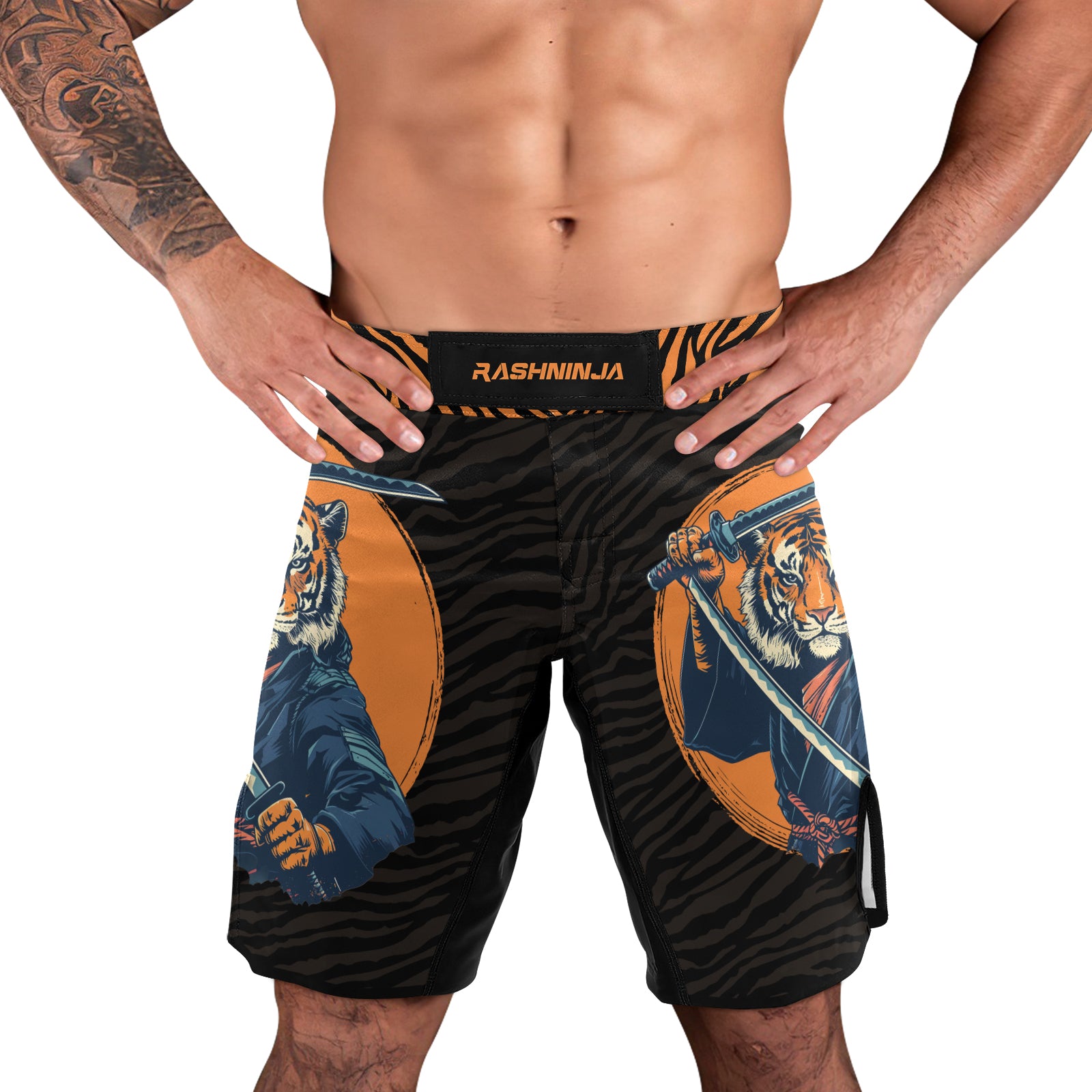 Rashninja Tiger Samurai Black Orange Men's Fight Shorts