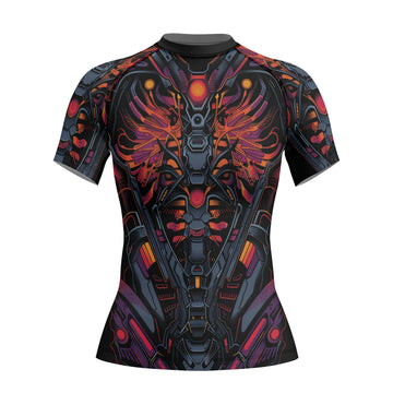 Rashninja Cyber Biomechanic Orange Pink Women's Short Sleeve Rash Guard