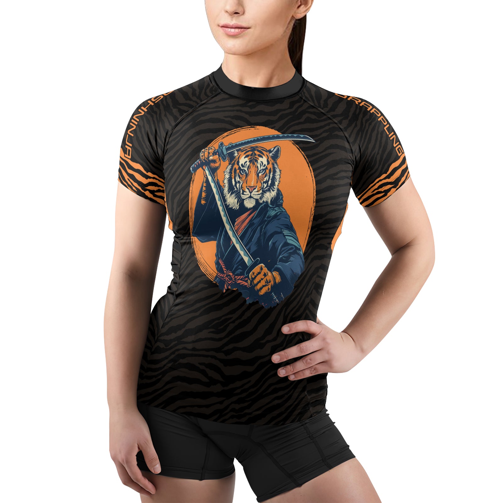 Rashninja Tiger Samurai Black Orange Women's Short Sleeve Rash Guard


