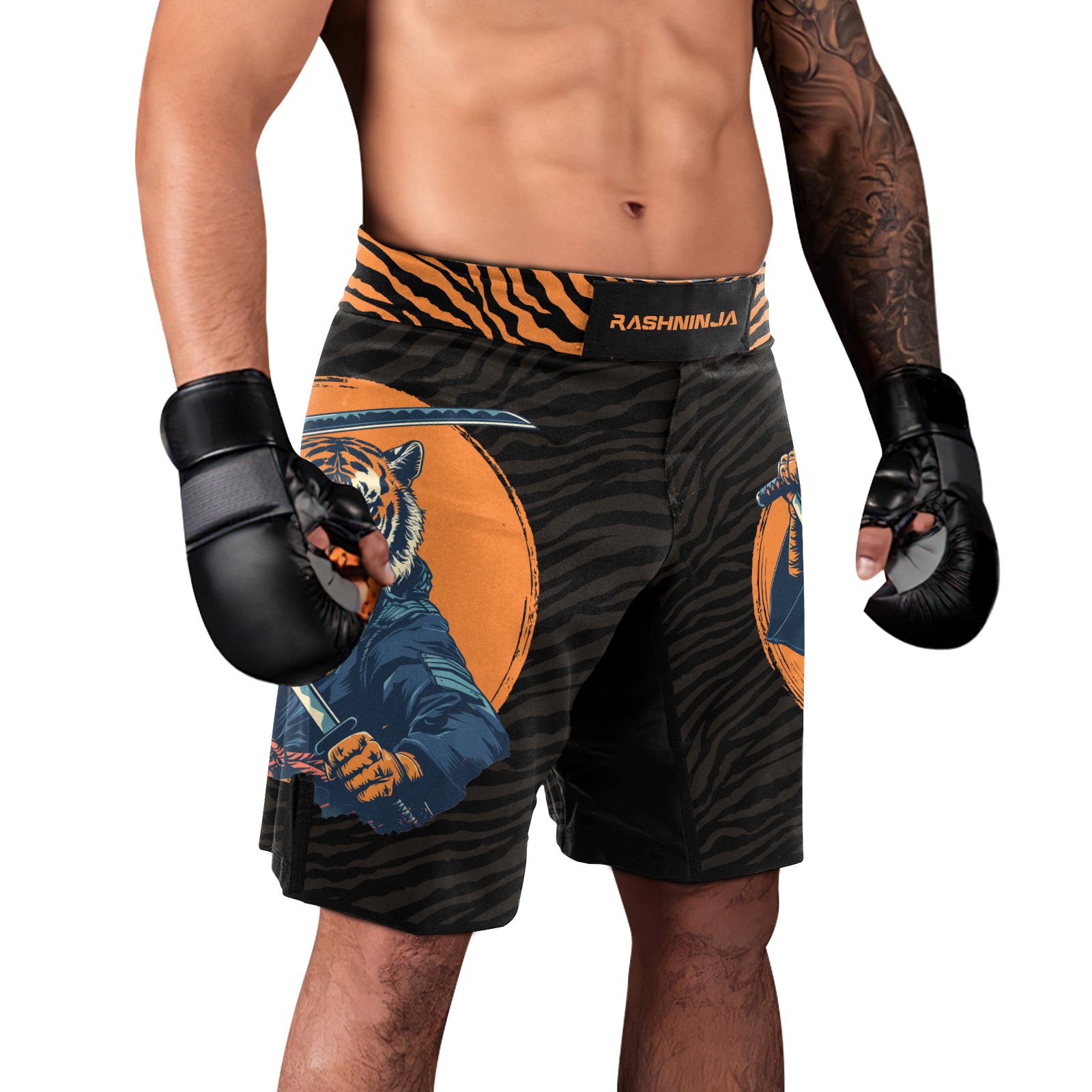 Rashninja Tiger Samurai Black Orange Men's Fight Shorts