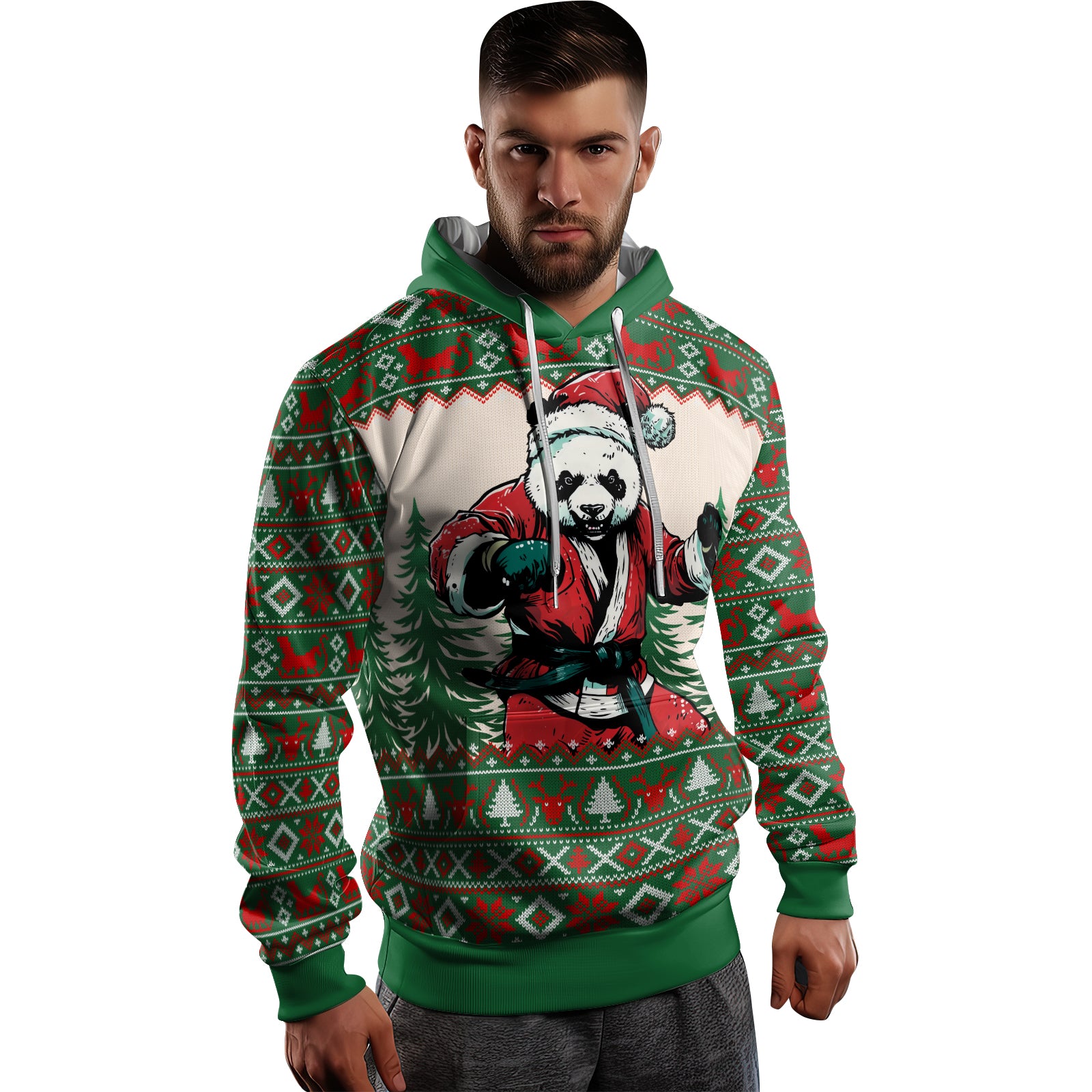 Rashninja Green Christmas Panda Kung Fu AOP Hoodie