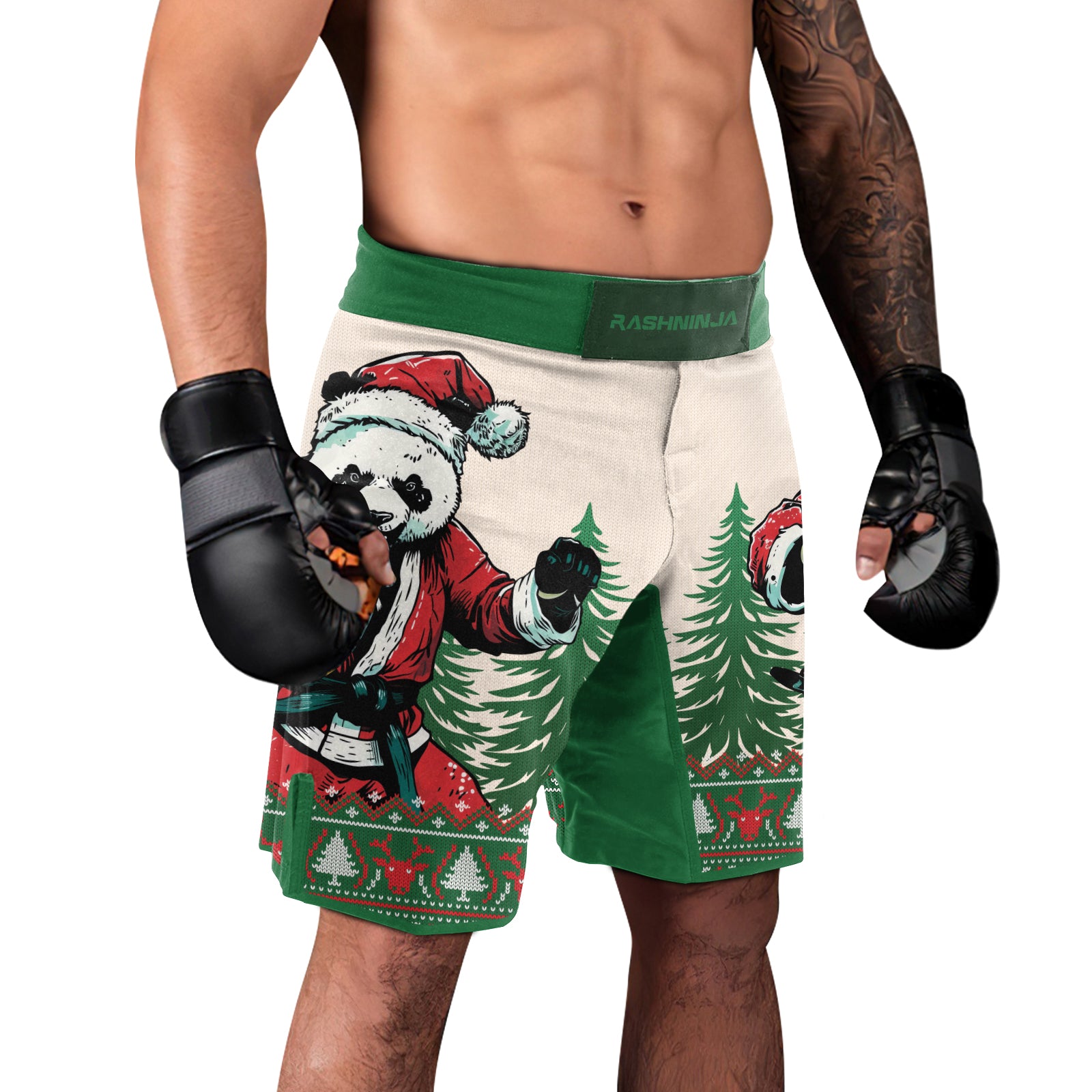 Rashninja Green Christmas Panda Kung Fu Men's Fight Shorts