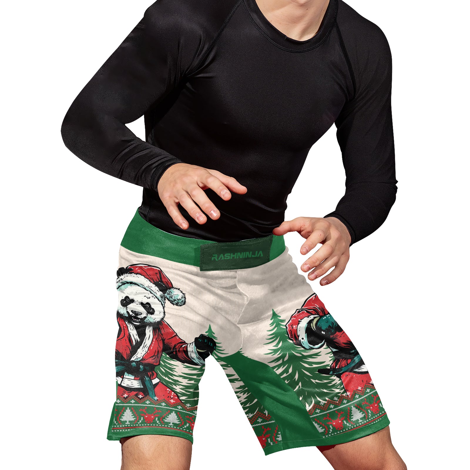 Rashninja Green Christmas Panda Kung Fu Men's Fight Shorts