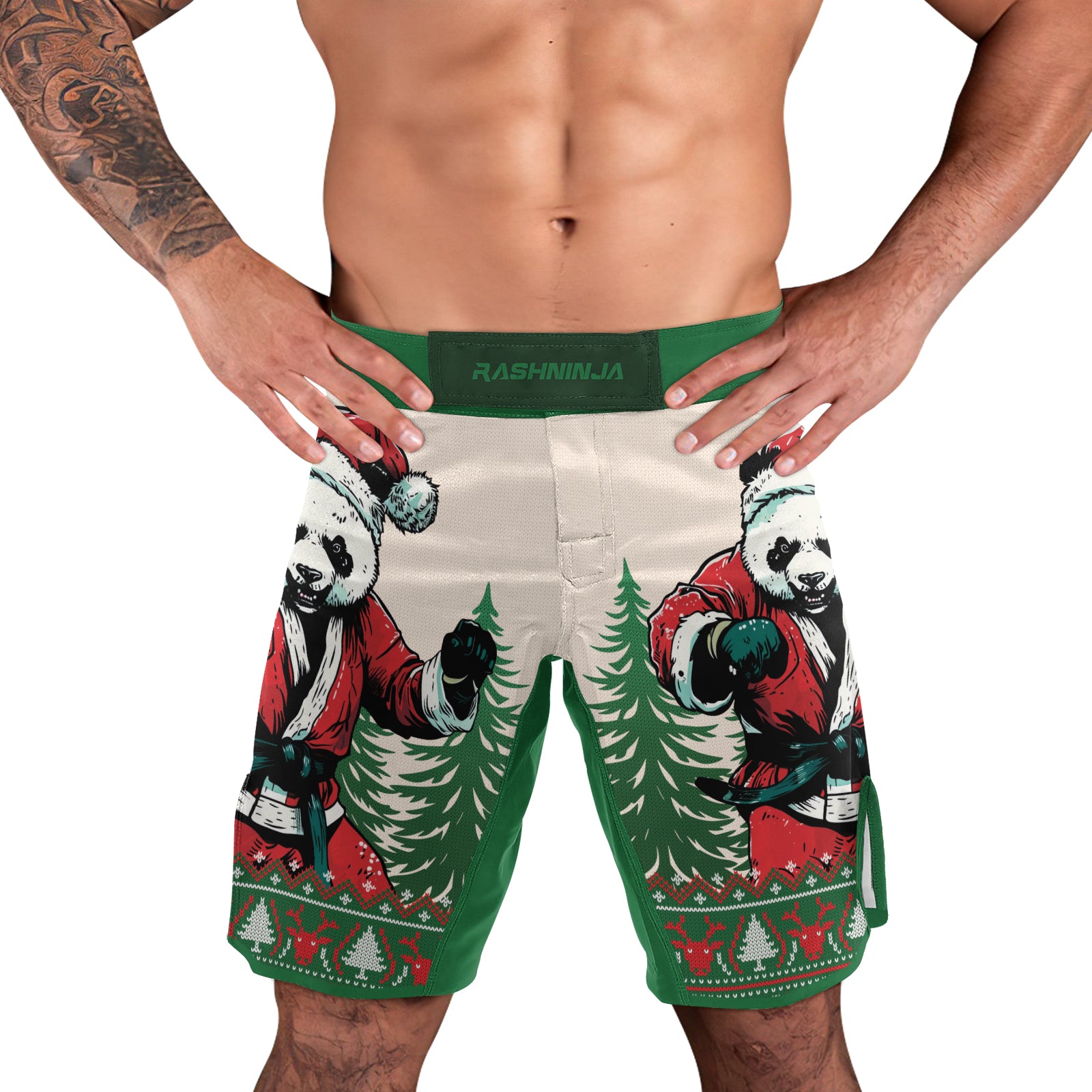 Rashninja Green Christmas Panda Kung Fu Men's Fight Shorts