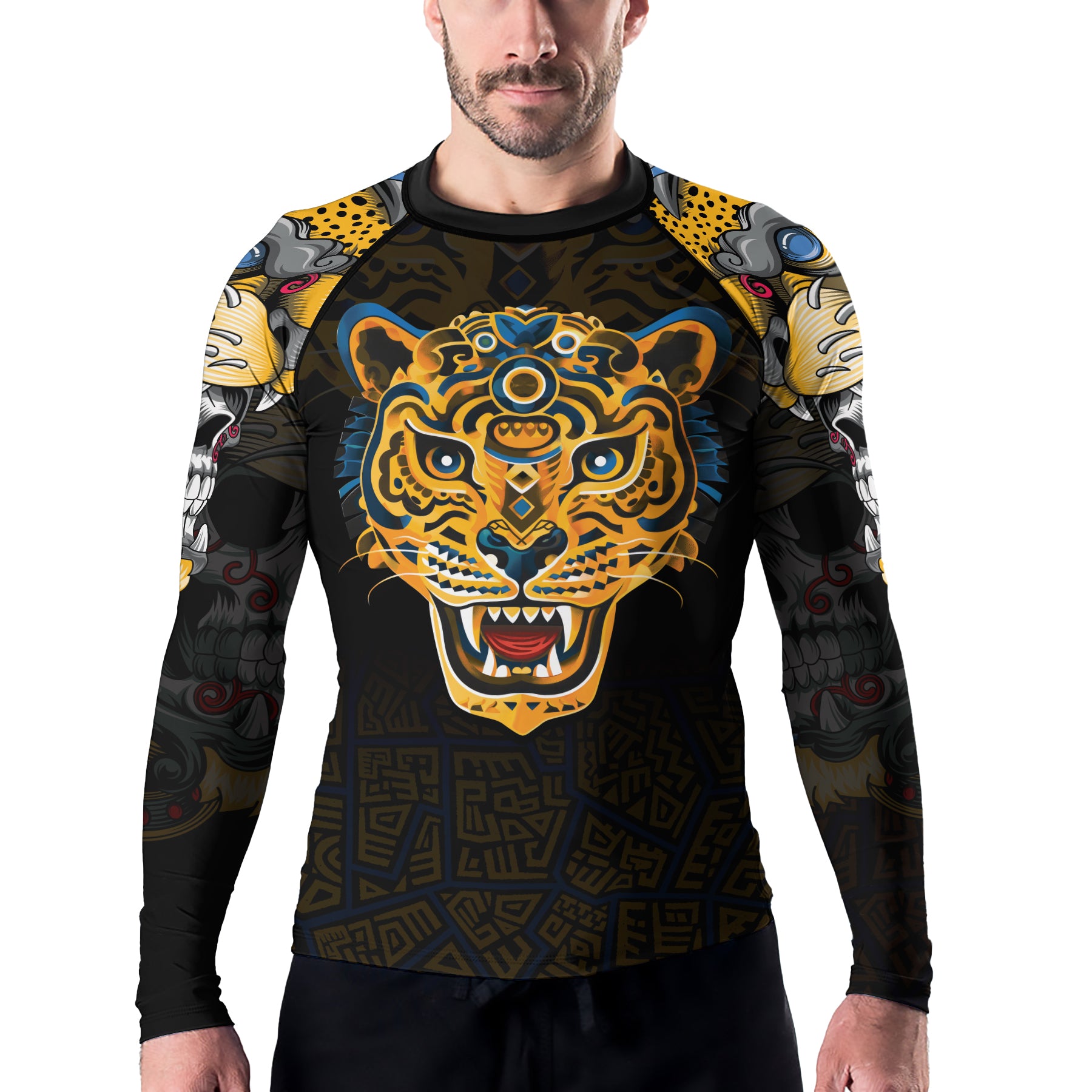 Rashninja Aztec Tribal Jaguar Men's Long Sleeve Rash Guard