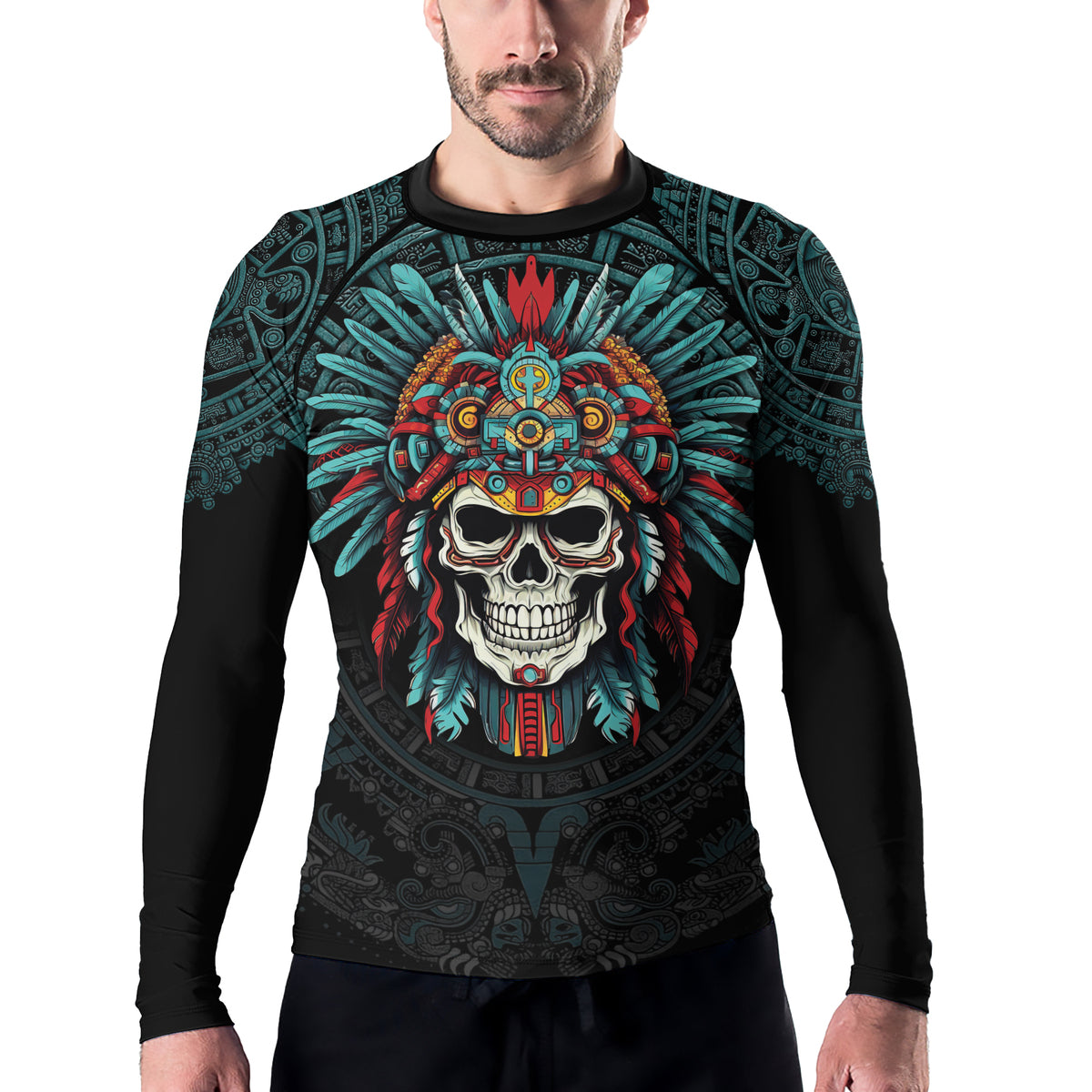 Rashninja Aztec Chief Cranium Men's Long Sleeve Rash Guard