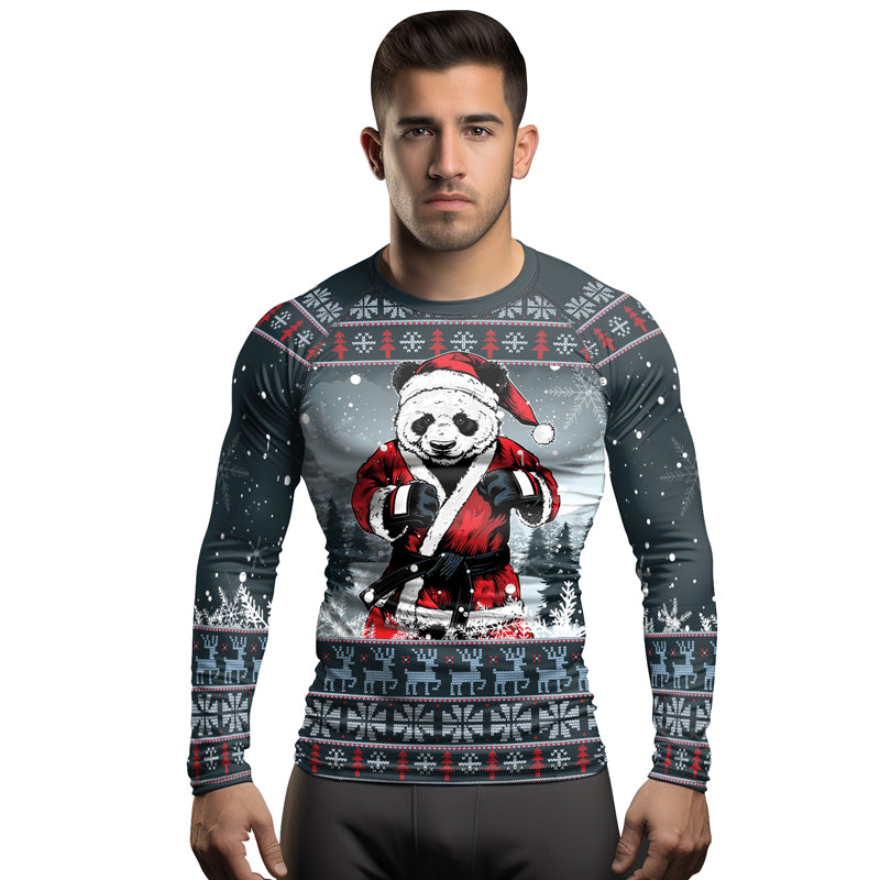 Rashninja Grey Kung Fu Christmas Panda Men's Long Sleeve Rash Guard