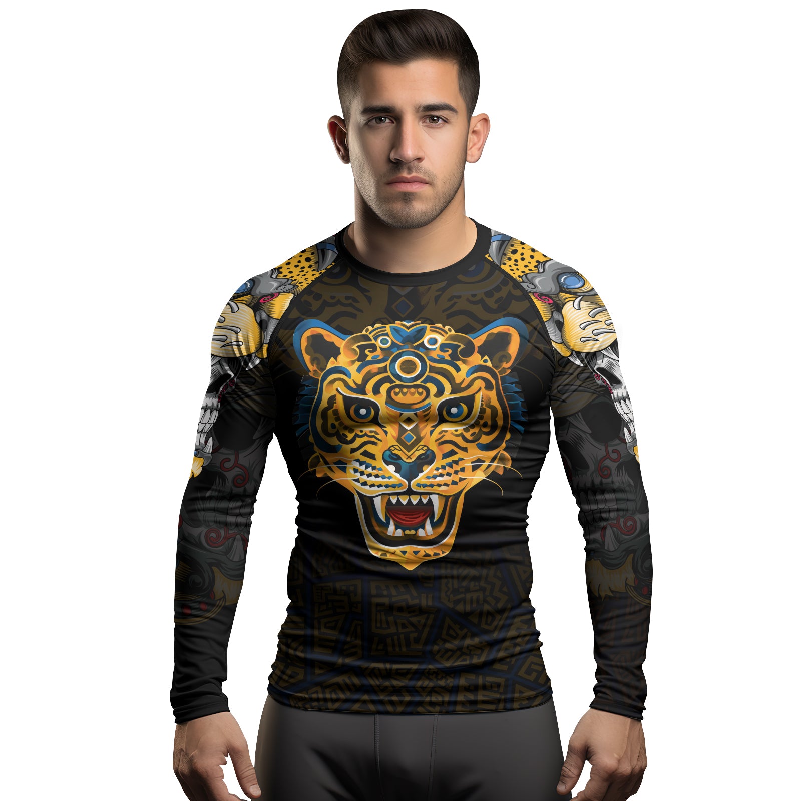 Rashninja Aztec Tribal Jaguar Men's Long Sleeve Rash Guard