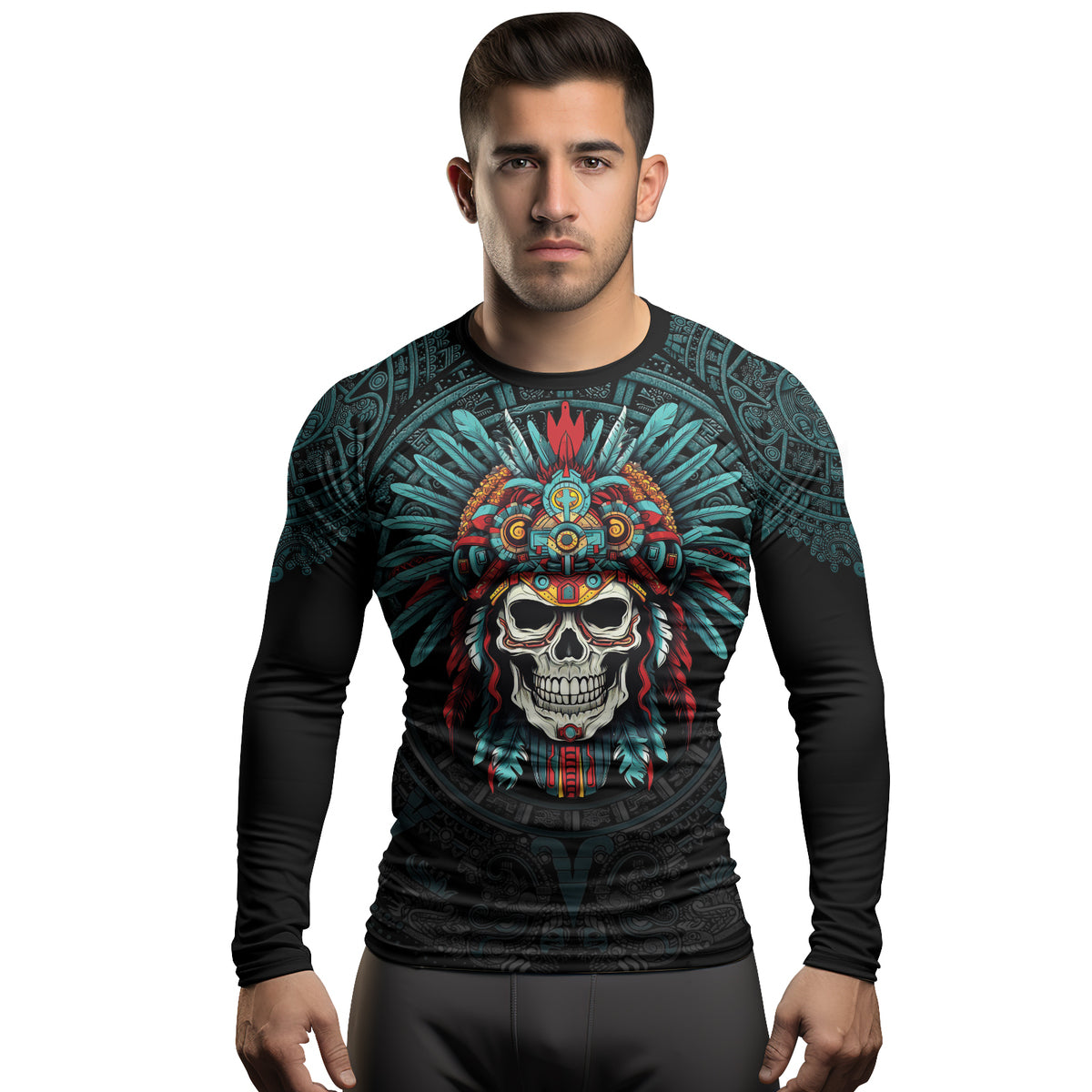 Rashninja Aztec Chief Cranium Men's Long Sleeve Rash Guard